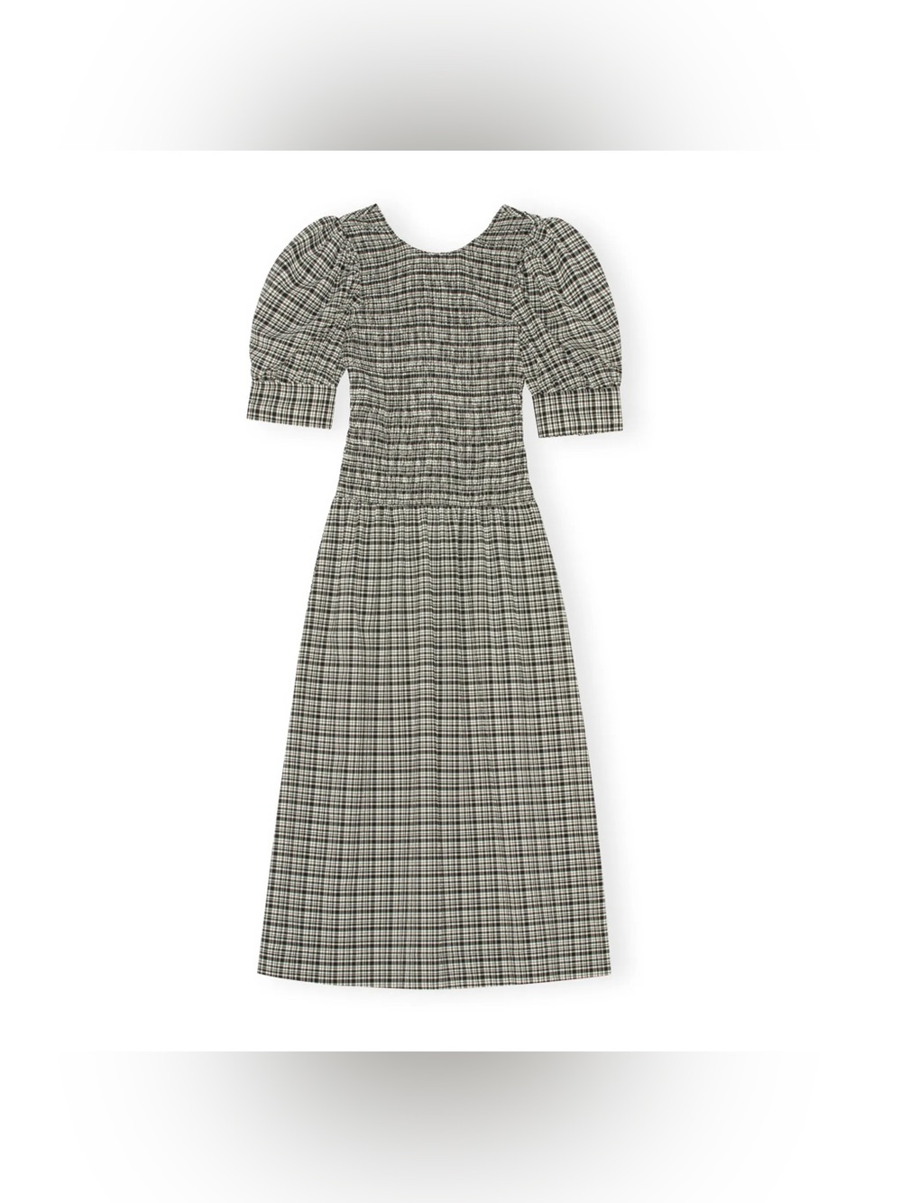 GANNI Shirred Smocked Checked Seersucker Midi Dress Sz 36 US  4 6 Stretch